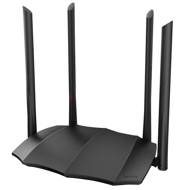 AC8 dual-band wireless gigabit router with compact black design on a desk.