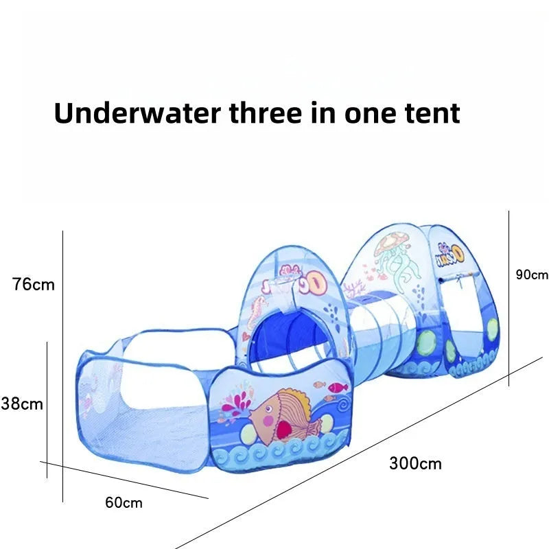 Three-in-one children's tent with marine cartoon design showing fabric tent, ball pool and connecting tunnel sections
