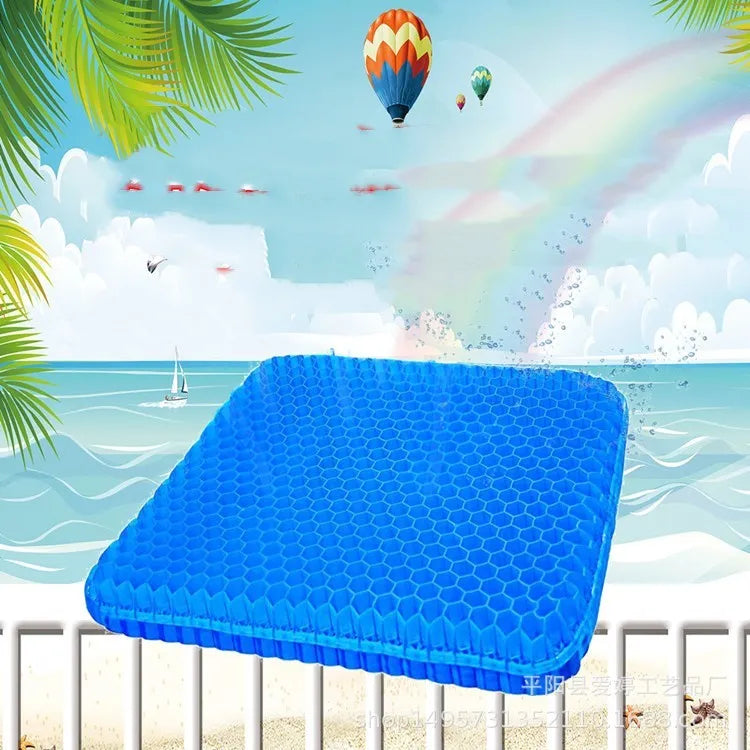 Gel seat cushion with honeycomb pattern showing double thick construction for pressure relief