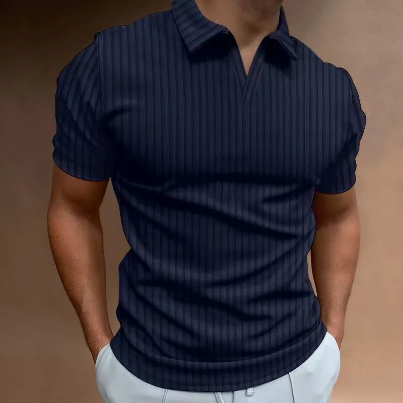 Men's striped v-neck summer polo shirt in cotton blend fabric with short sleeves