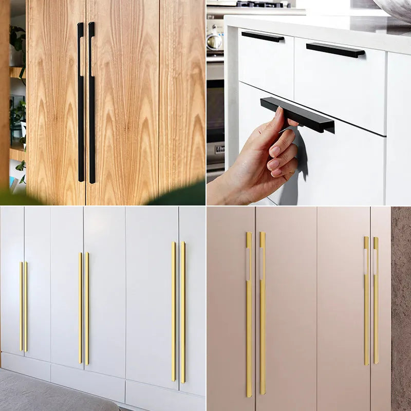 Gold T-shaped aluminium alloy cabinet handle showing single hole fitting, with size options for 96mm, 128mm, and 192mm hole distance.