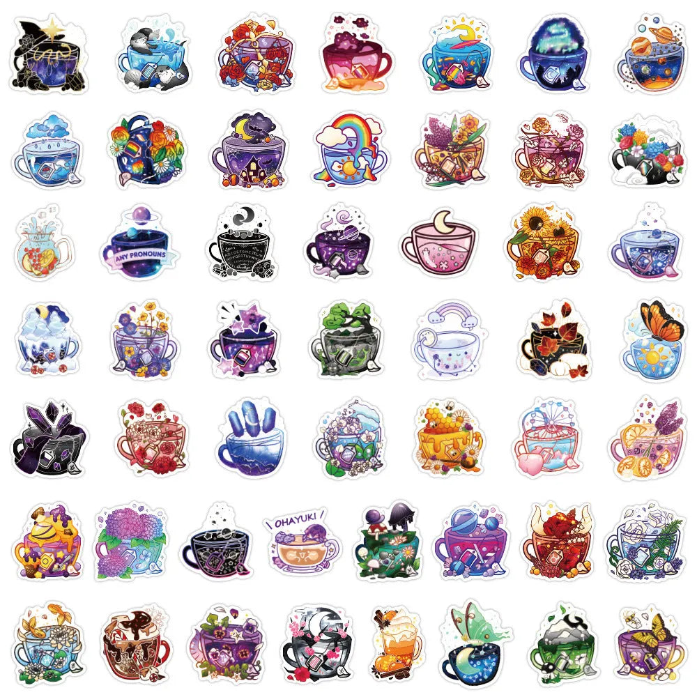 Pack of 50 colourful tea cup graffiti design waterproof stickers for DIY personalisation on scooters and luggage.