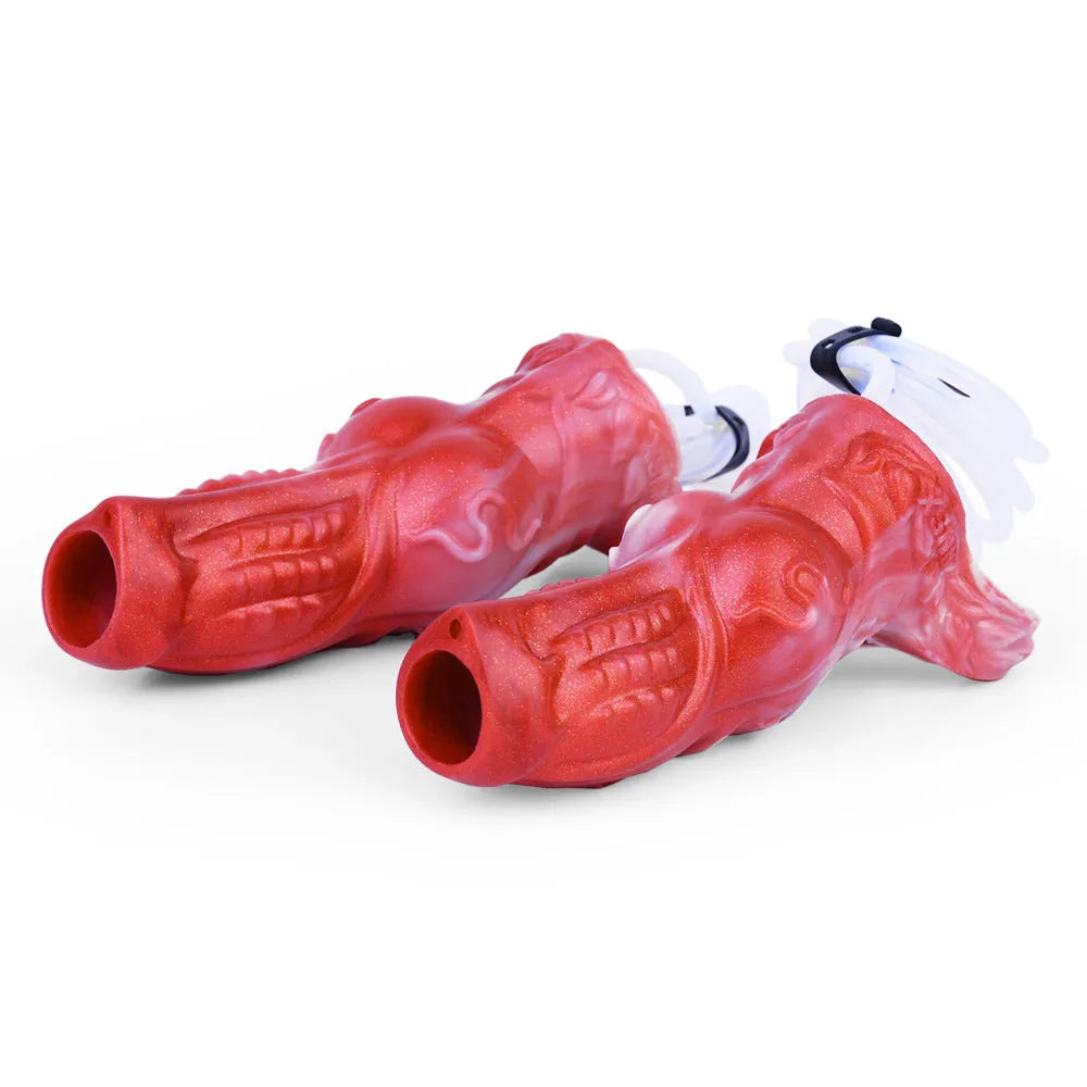 Silicone exotic condom adult toy with syringe and airbag accessories for manual water spray function.