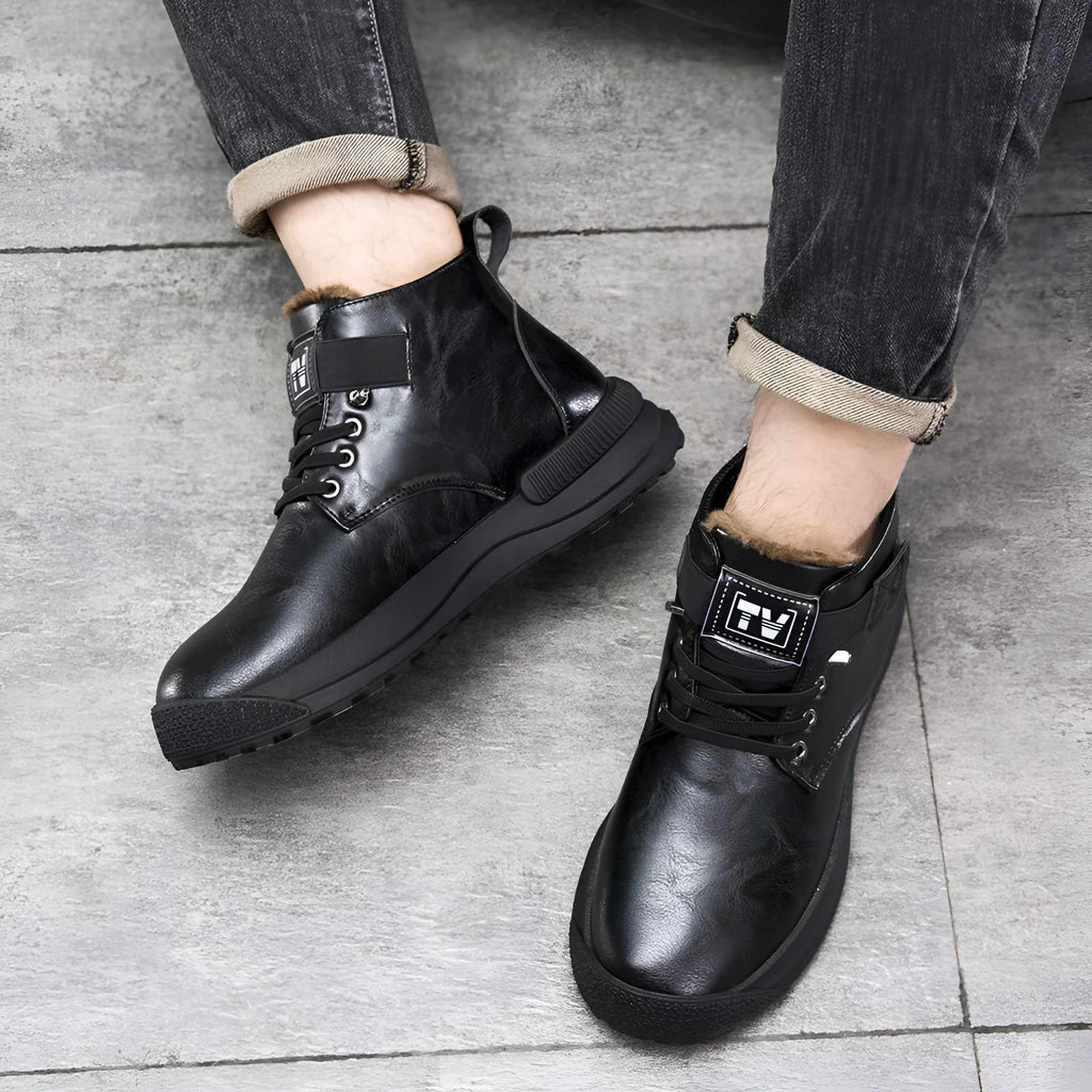 Men's black high-top platform Martin boots with a velvet upper and rubber sole.