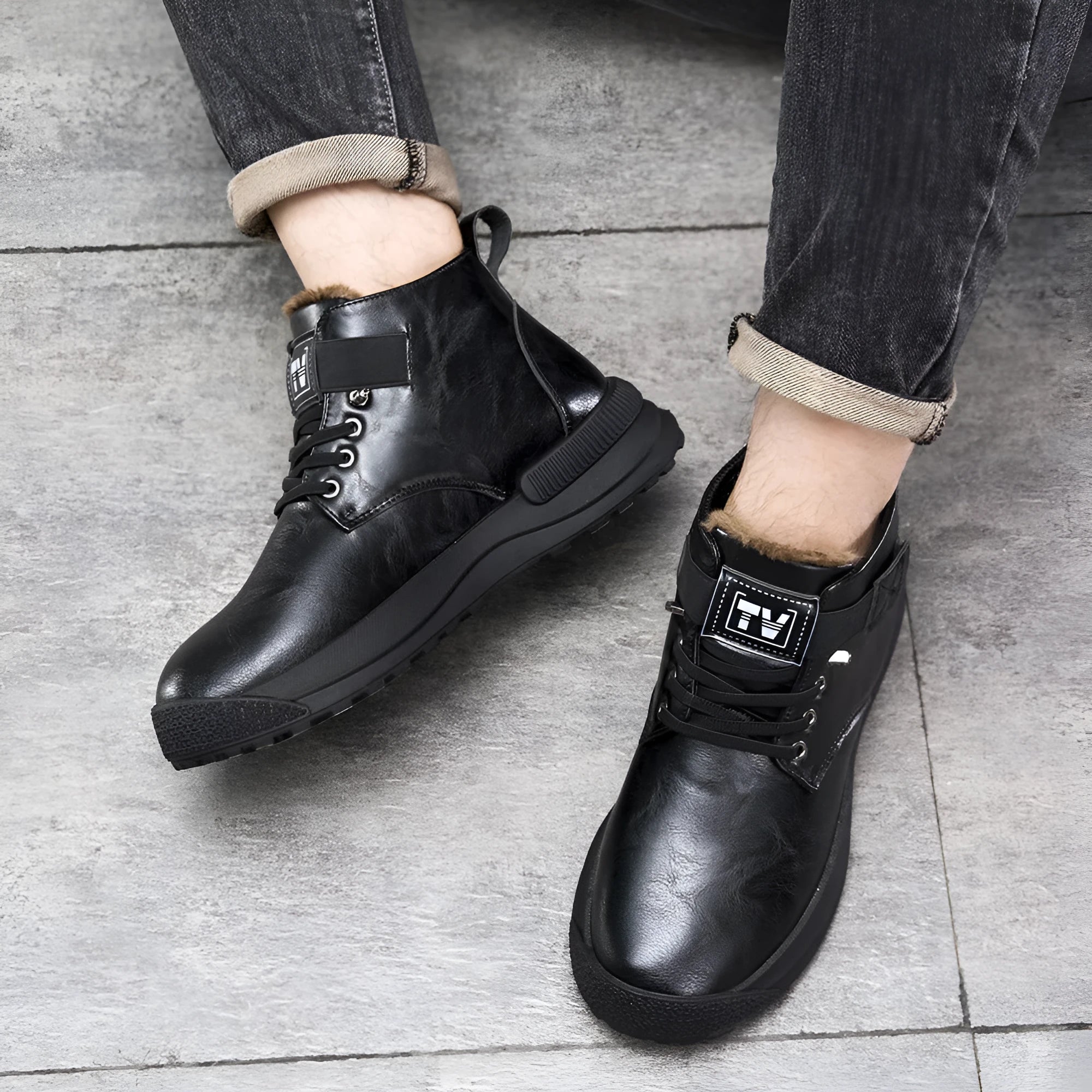 Men's black high-top platform Martin boots with a velvet upper and rubber sole.