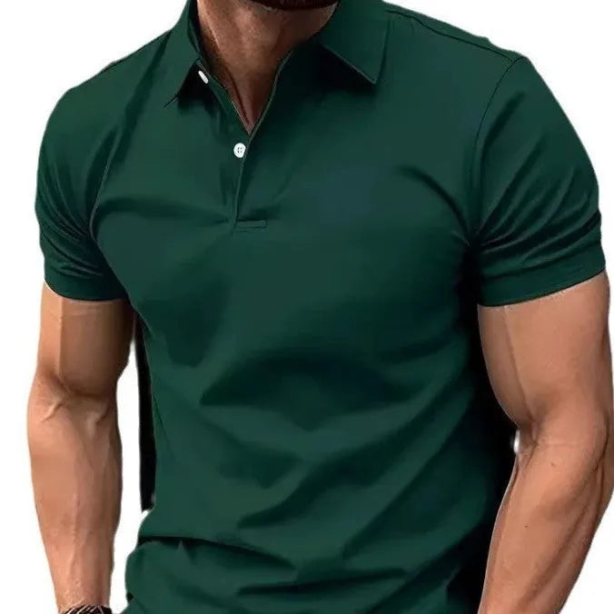 Men's slim fit solid colour short sleeve button shirt on a hanger