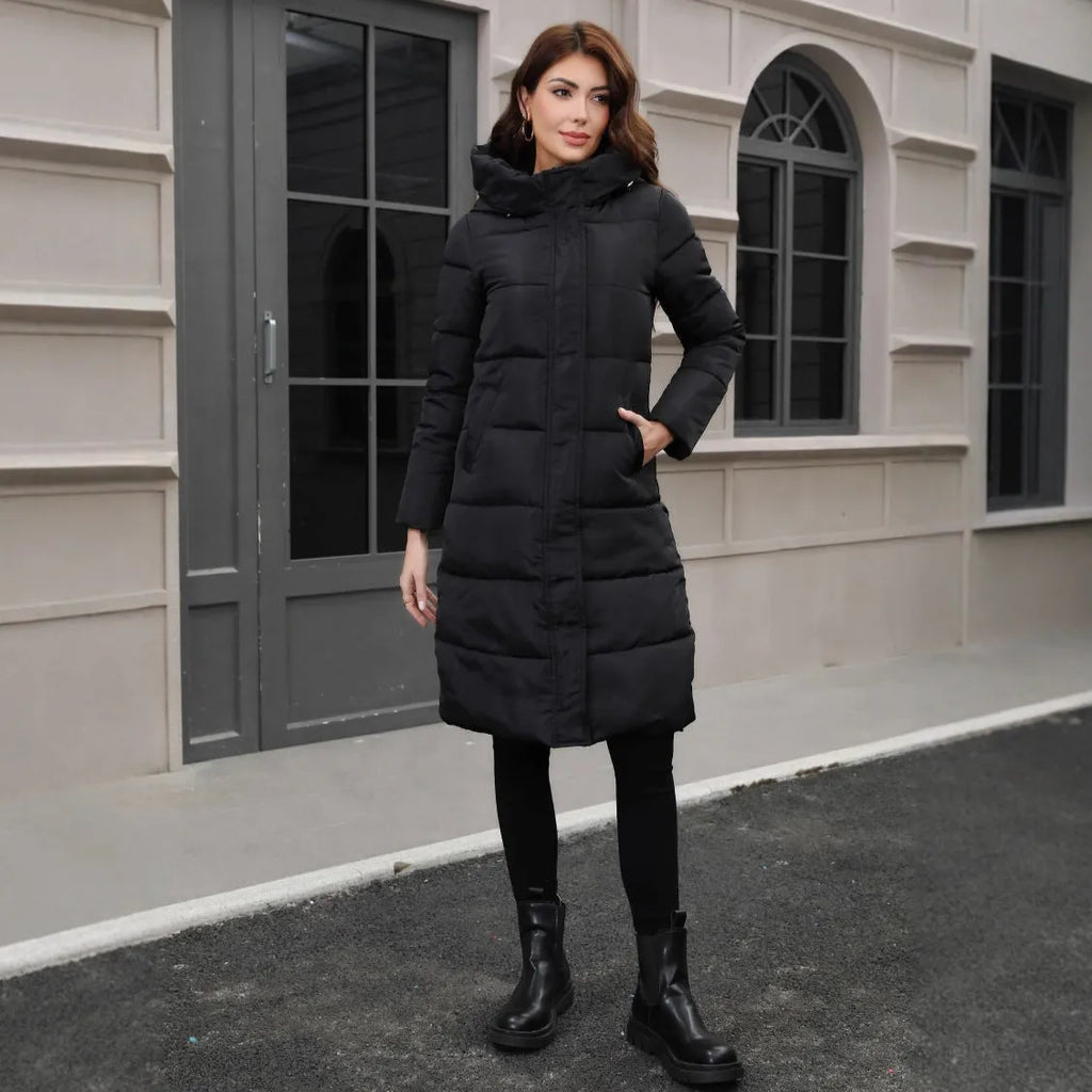 Black slim fit hooded jacket with long sleeves and cold-resistant polyester construction