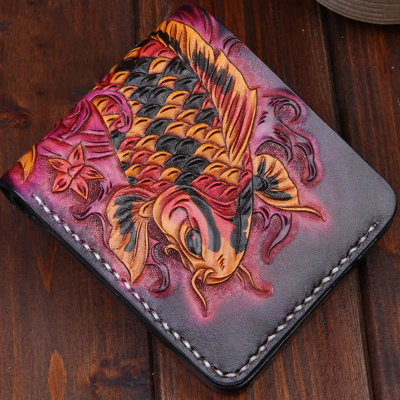 Men's carved leather short wallet in red, blue, or gold with open style design