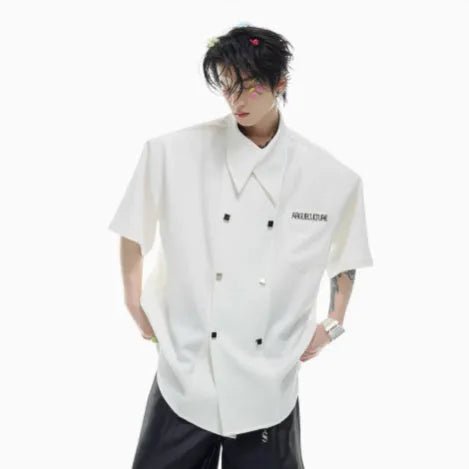 Men's loose fit short-sleeved summer shirt with lapel collar in white, black and blue colour options