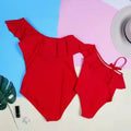 Parent and child matching swimsuit set in red, blue, green, and black for mum, dad, girls, boys, and babies up to 2XL