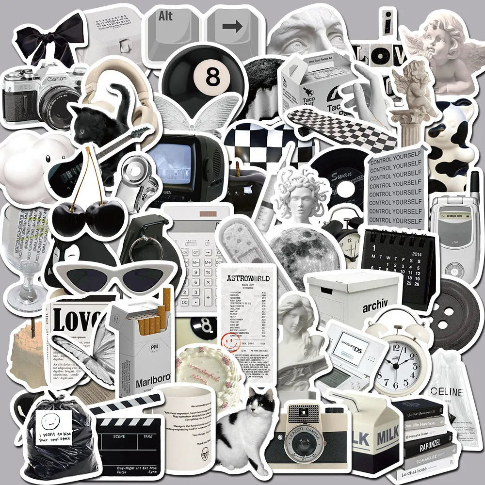 Black and white waterproof vinyl stickers pack with 61 pieces for laptop cup phone decoration