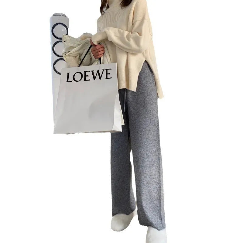 Women's knitted wide-leg trousers in black with high waist and straight-leg design for autumn winter casual wear