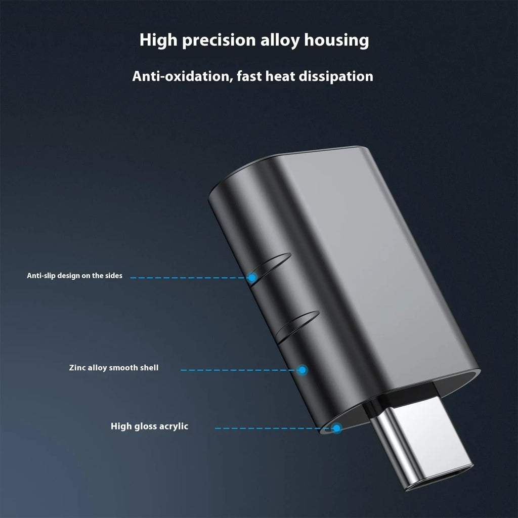 Zinc alloy USB-C to USB-C data and charging converter adapter in multiple colours.