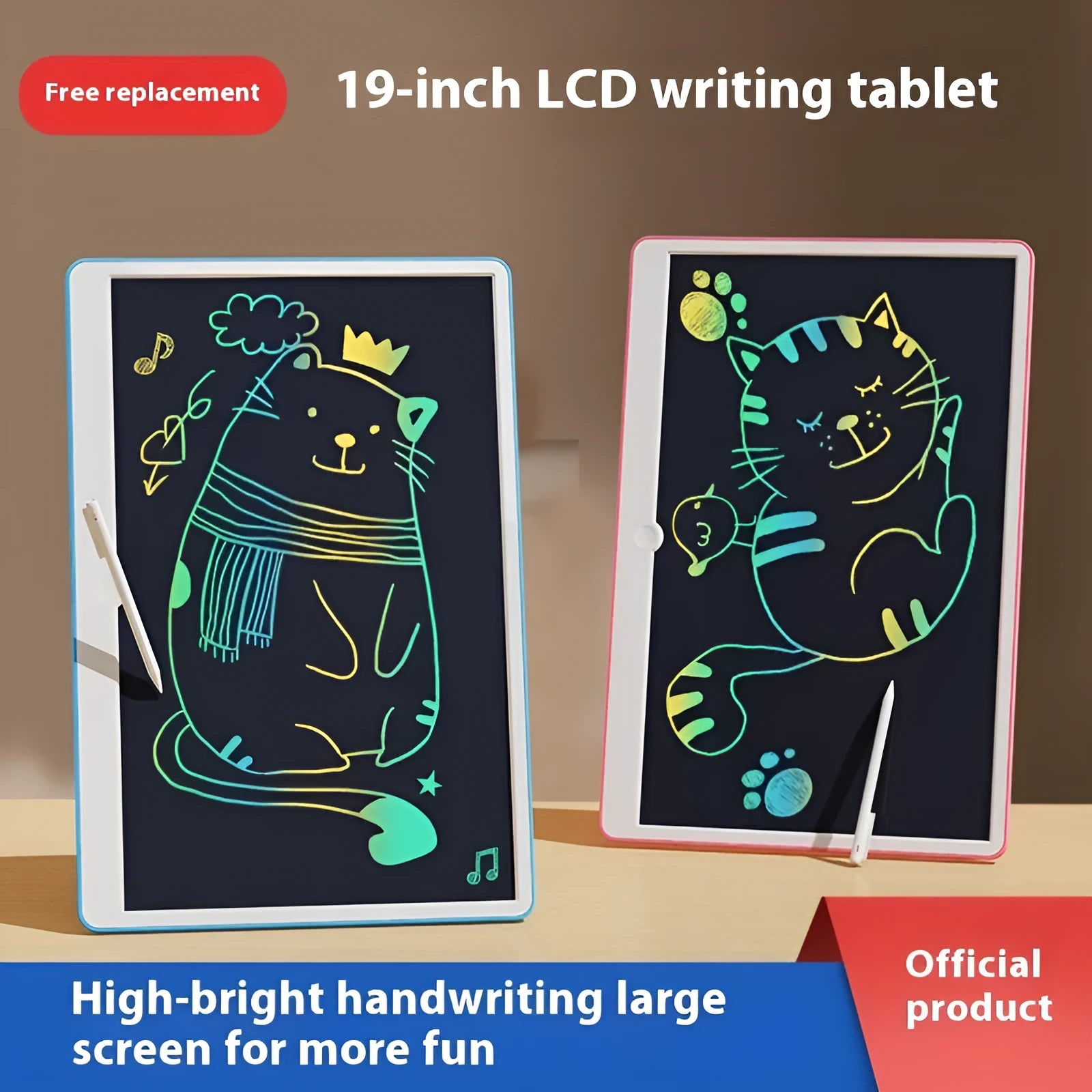 19-inch rechargeable LCD drawing board for kids in blue and white colours with stylus.
