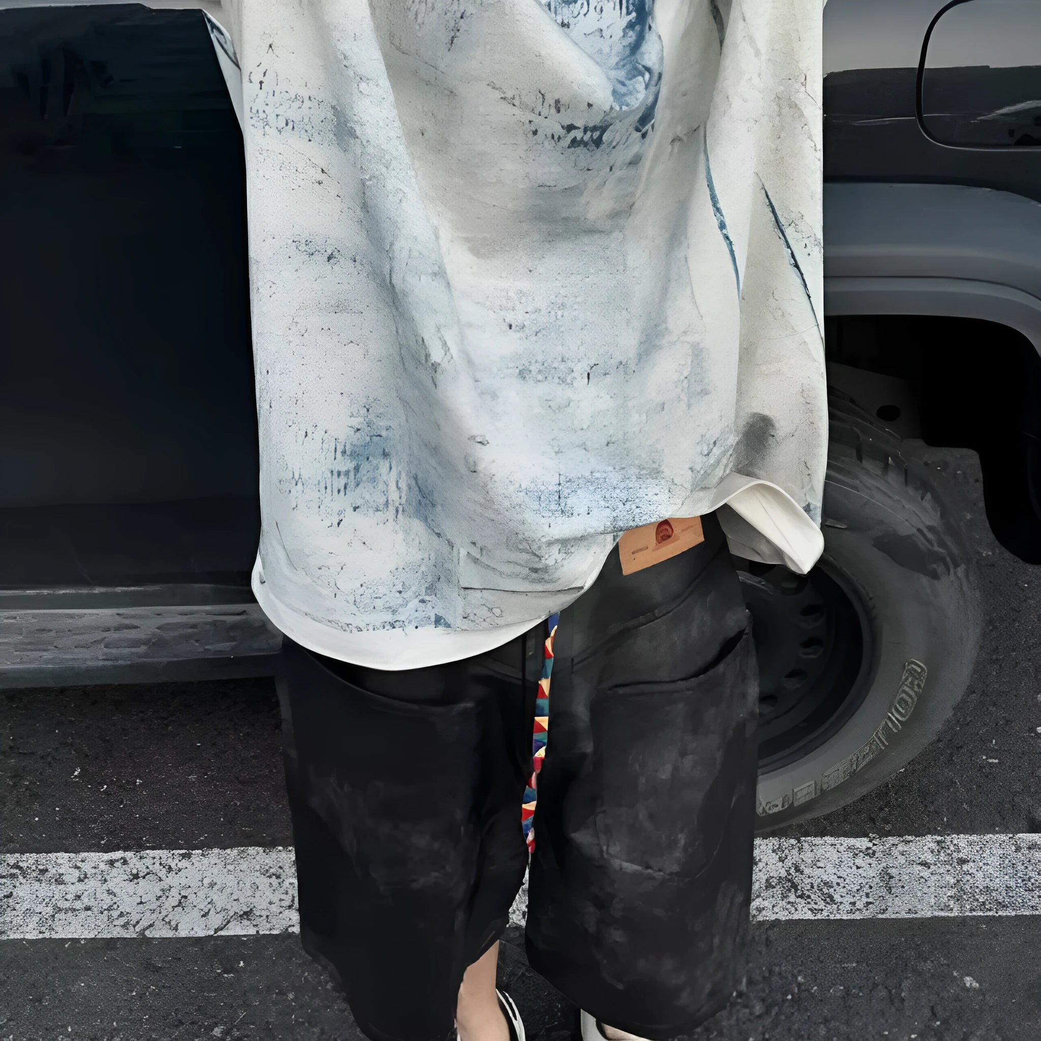 Korean loose fit summer T-shirt with dirty print and tie dye design on polyester fabric.