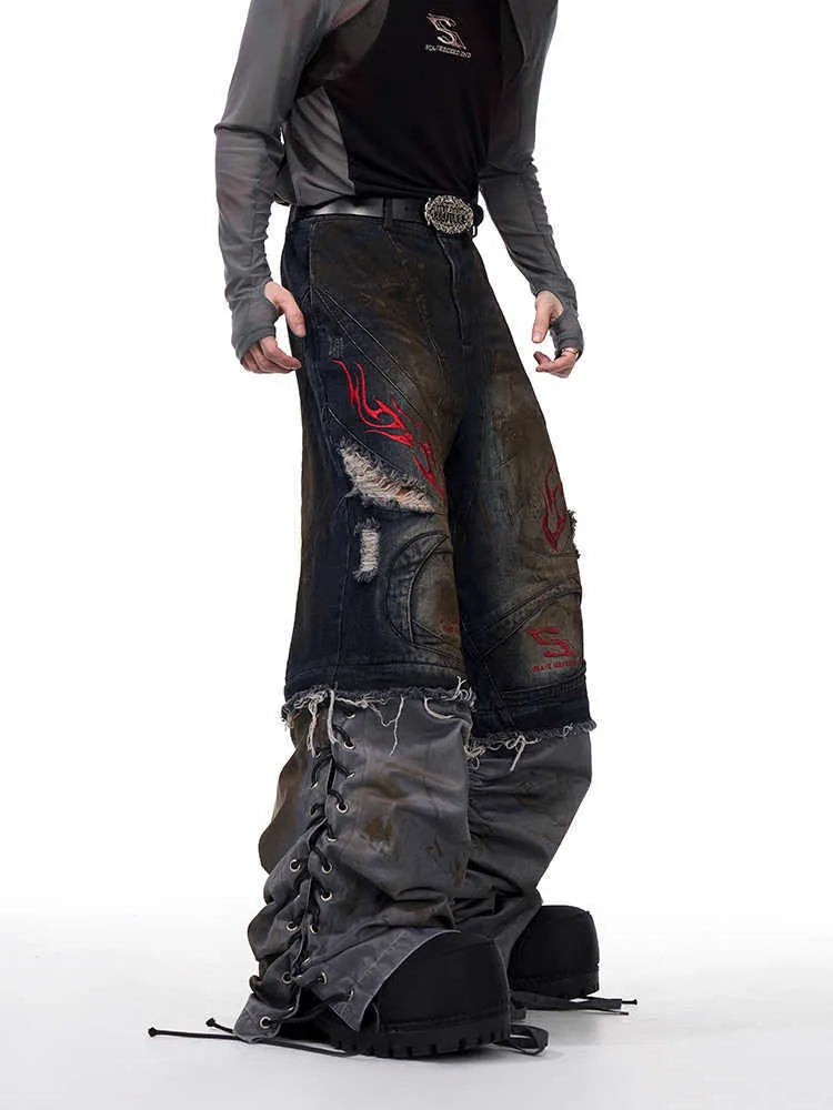 Men's retro denim jeans with detachable trouser legs in wide-leg loose fit