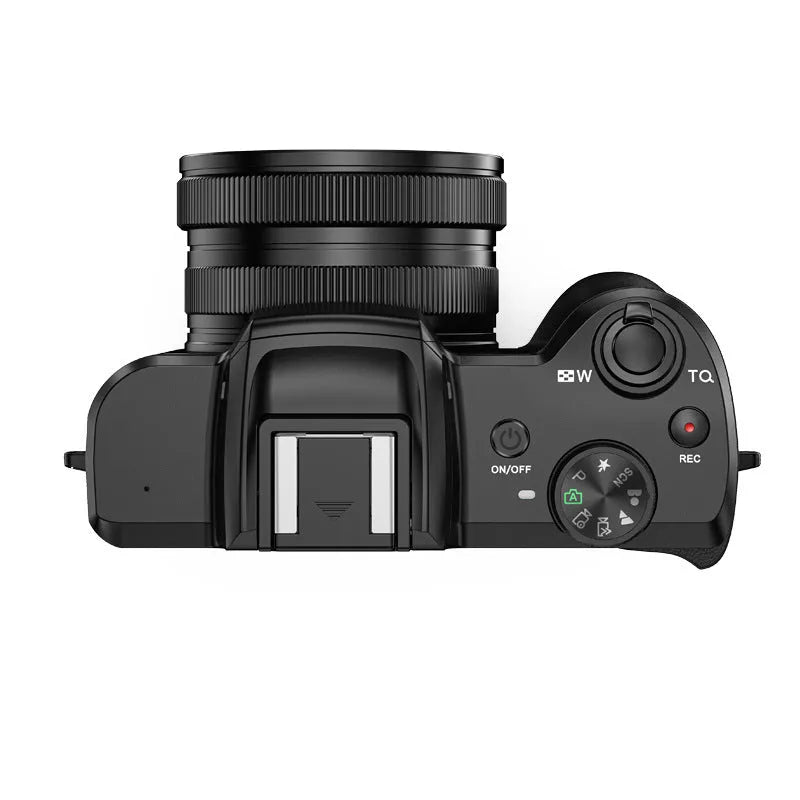 Black digital camera with 16MP CMOS sensor, 3.2-inch Full HD screen, periscope lens, and dual camera