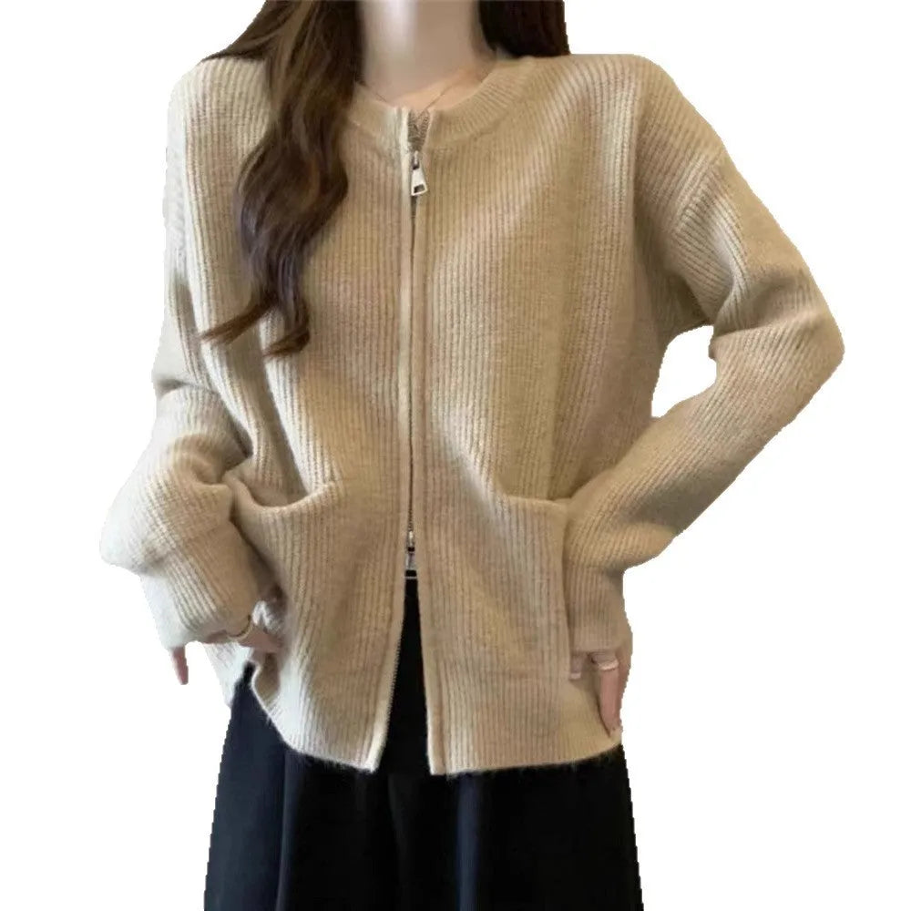 Women's soft viscose sweater coat cardigan in beige, available in small and plus sizes.