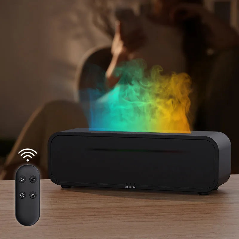 Black and white USB aroma diffuser with remote control and colour-changing lights on a wooden surface