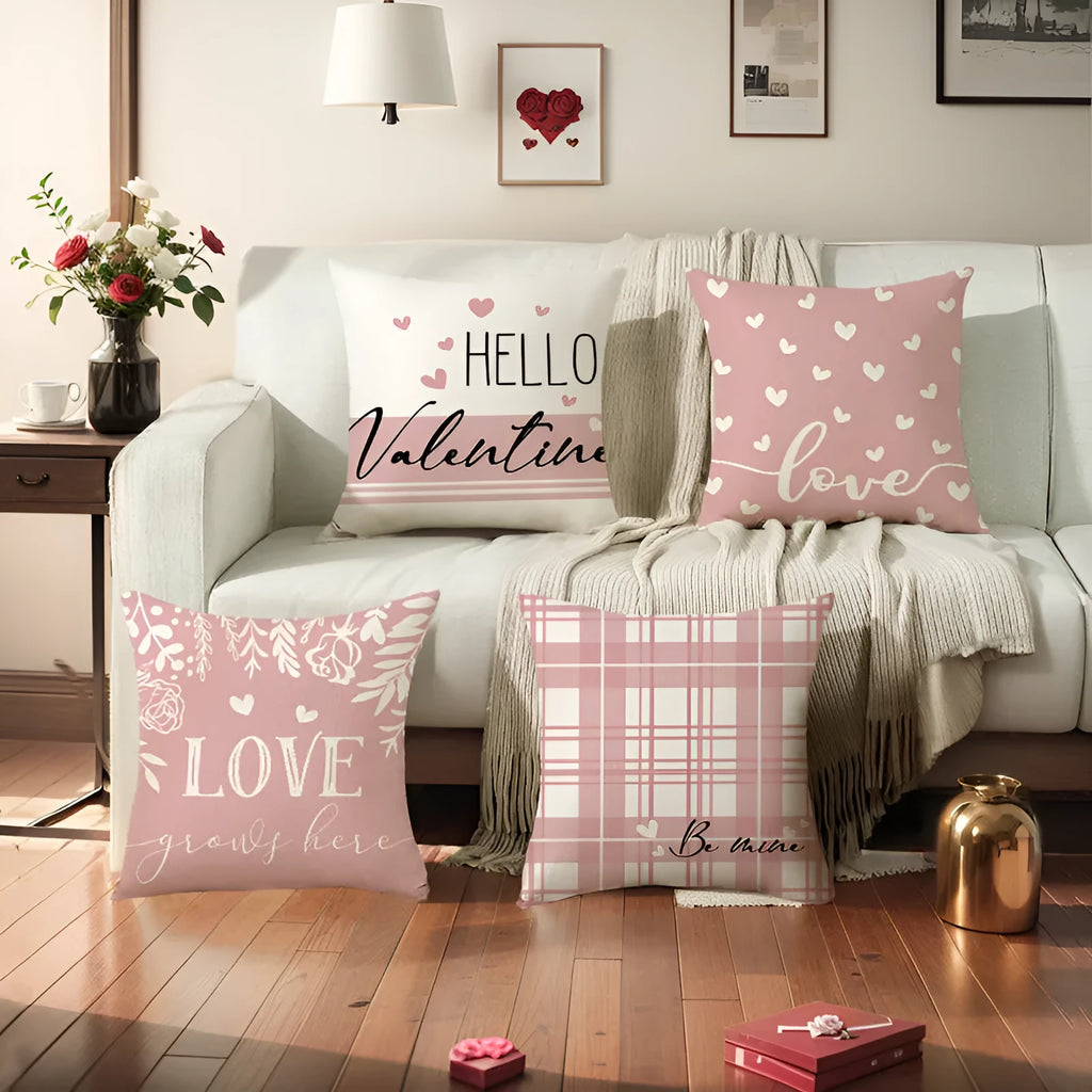 Square plaid pillow cover with red heart prints, shown in multiple colour variations.