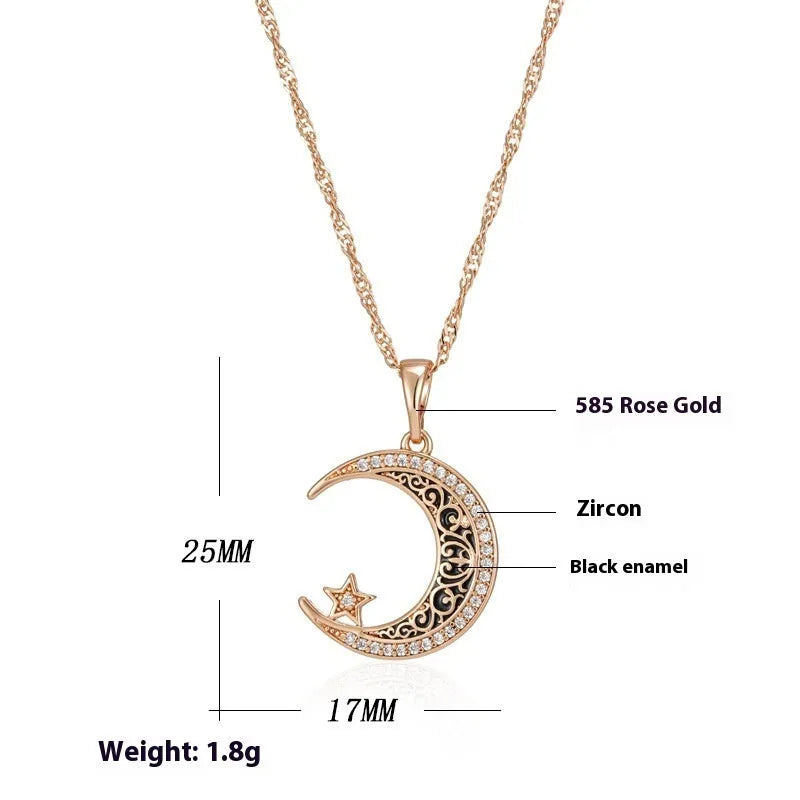 Rose gold star moon pendant necklace with zircon and enamel details on adjustable water wave chain