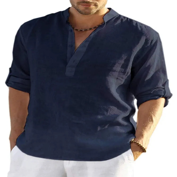 Men's solid colour long sleeve shirt with a stand collar, shown in a light blue colour option.