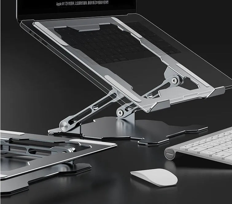 Grey aluminium alloy laptop stand with adjustable angle, shown folded and open.