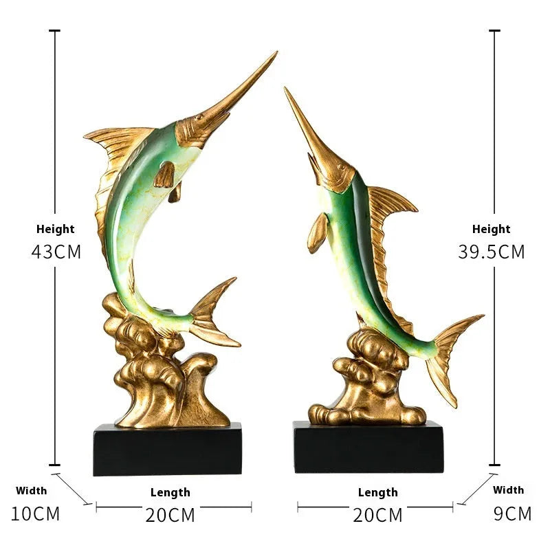 Detailed resin European swordfish decoration in a choice of four colours on a shelf.
