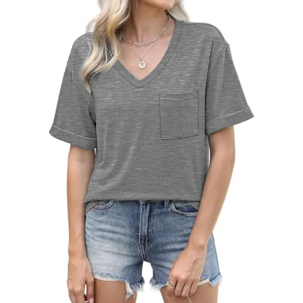 Grey loose V-neck T-shirt with chest pocket, short sleeve casual top