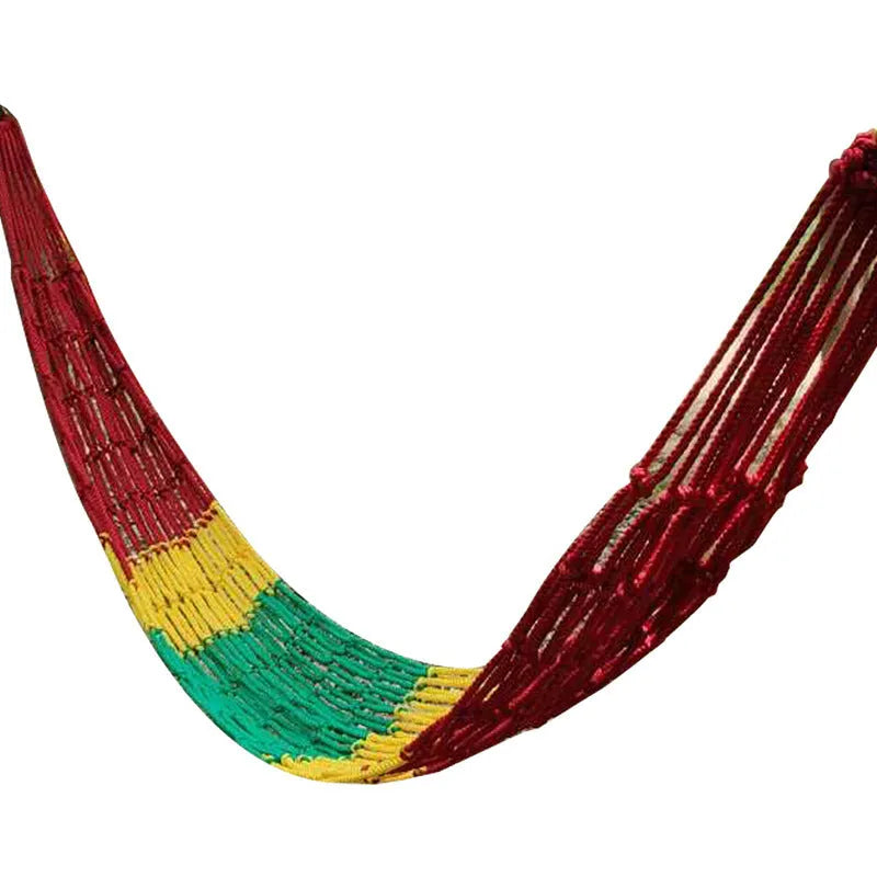 Nylon rope mesh hammock measuring 1.1 metres wide by 2.1 metres long with rope ties