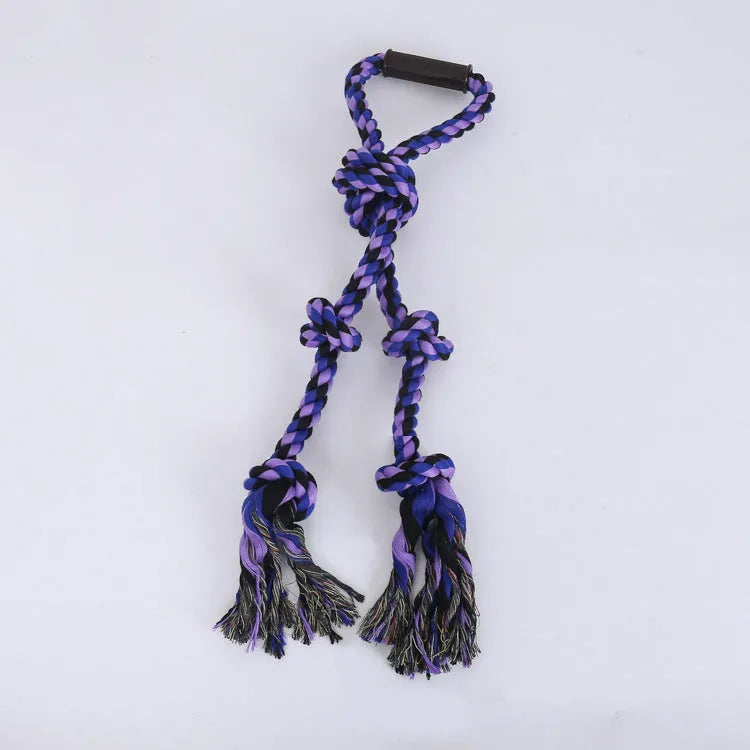 Blue and yellow cotton rope tug toy for large dogs with an ergonomic handle