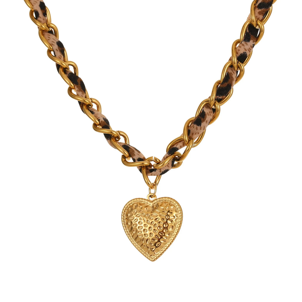 Geometric leopard love pendant stainless steel necklace with gold electroplated finish on adjustable chain