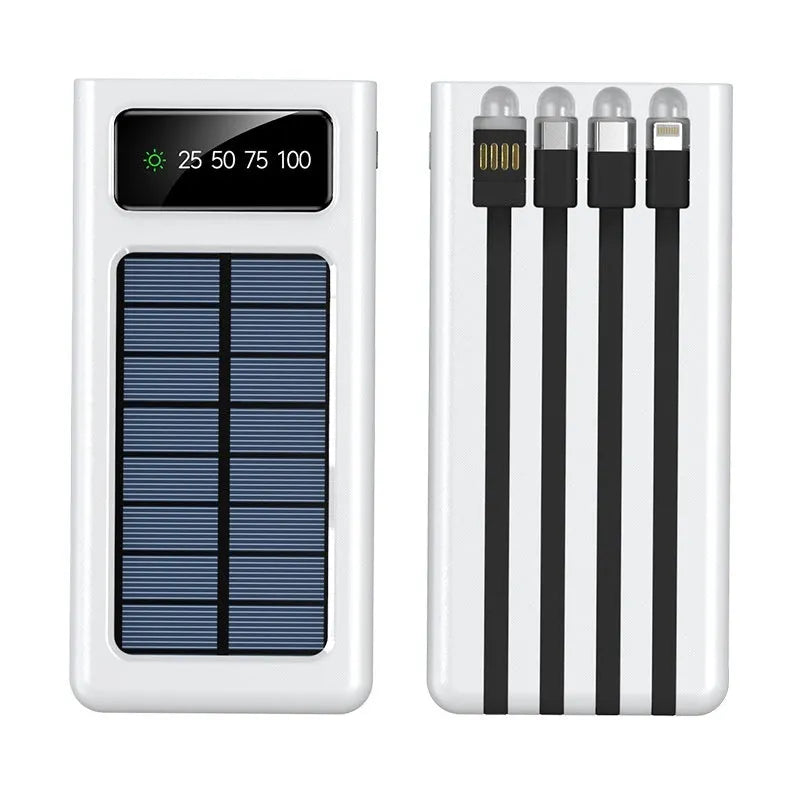 Black or white solar power bank portable charger measuring 148x71x19mm with four-wire cable