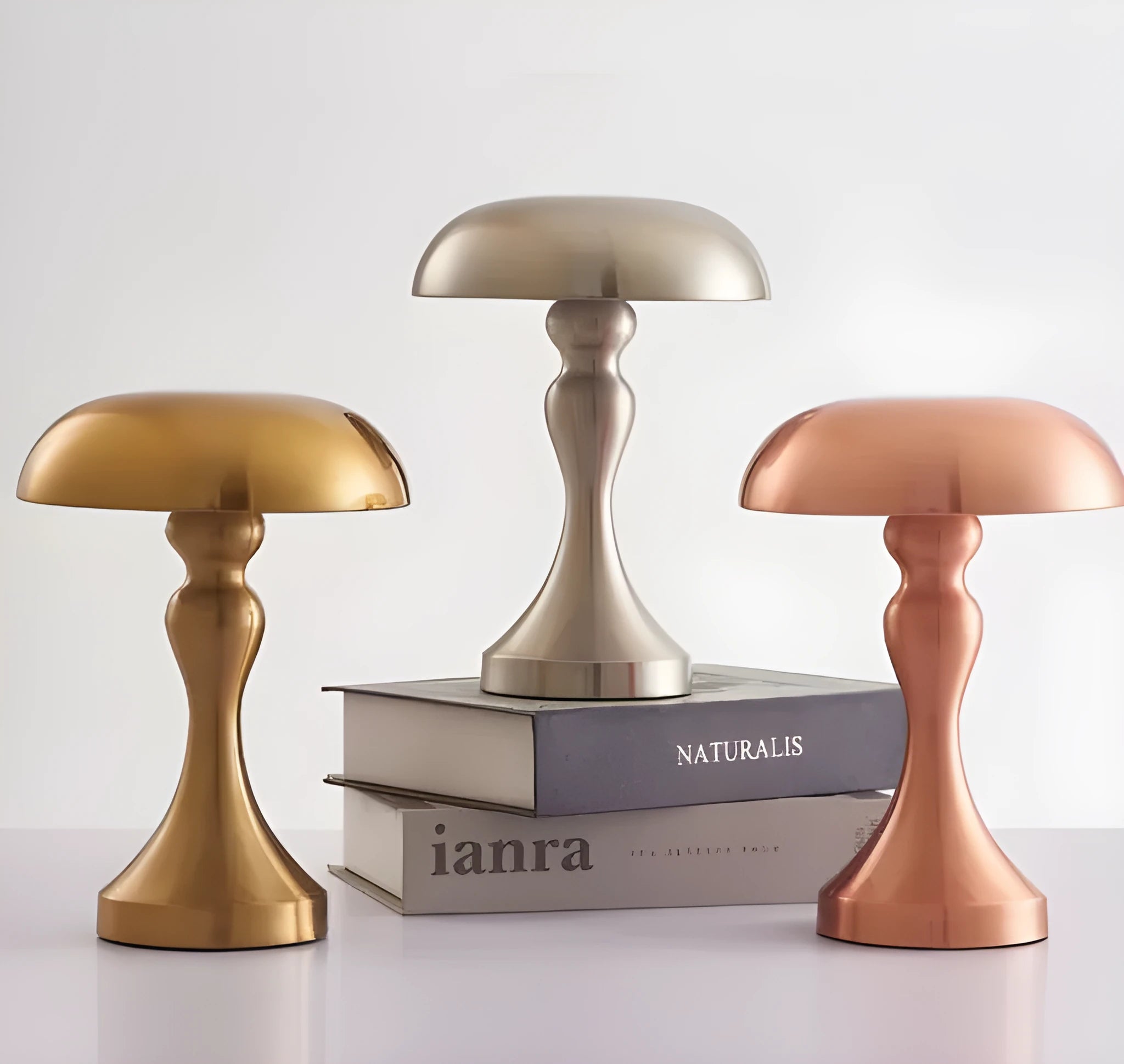 Bronze USB rechargeable LED desk lamp with touch control showing three colour temperature settings