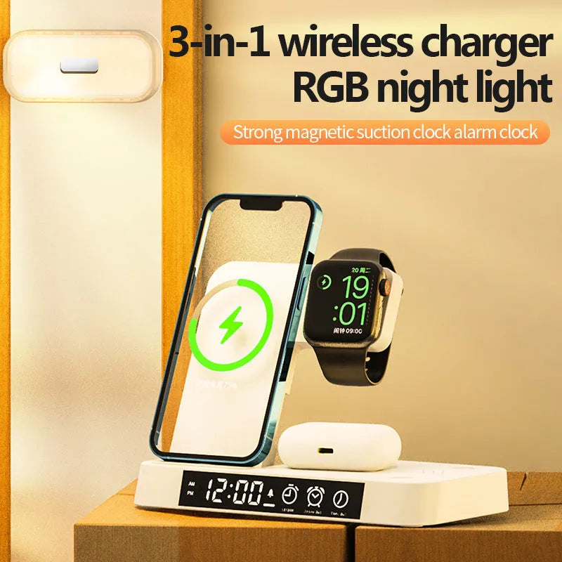 White 4-in-1 wireless charging station showing alarm clock display, foldable stand, and charging pads for phone and Apple Watch.