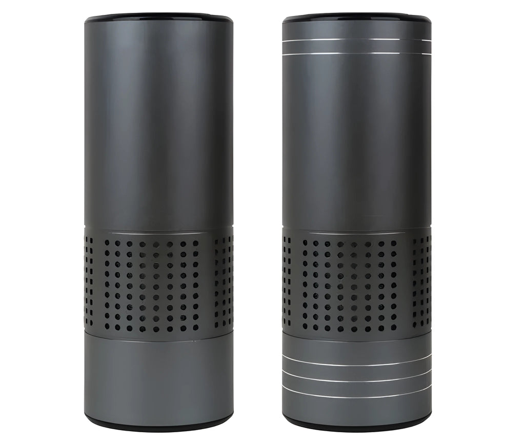 Aluminium alloy car air purifier cup with display, USB cable, and large filter for vehicle air cleaning.