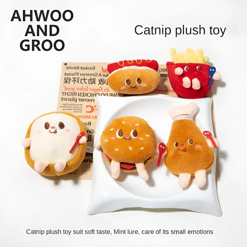 Soft cat teething toy with hamburger and chicken leg designs for kitten chewing