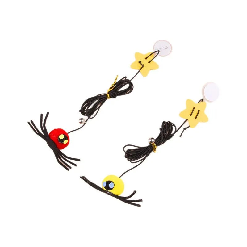 Hanging door cat toy with elastic rope, colourful feather wand, swinging spider decoration and small bell
