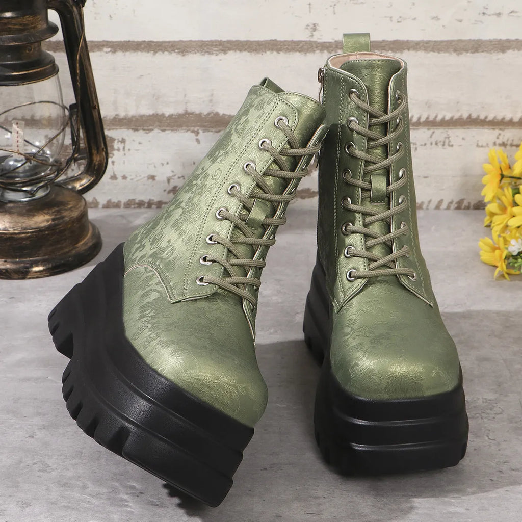 Women's mid-calf platform boots with chunky heel and side zipper in retro patchwork design.