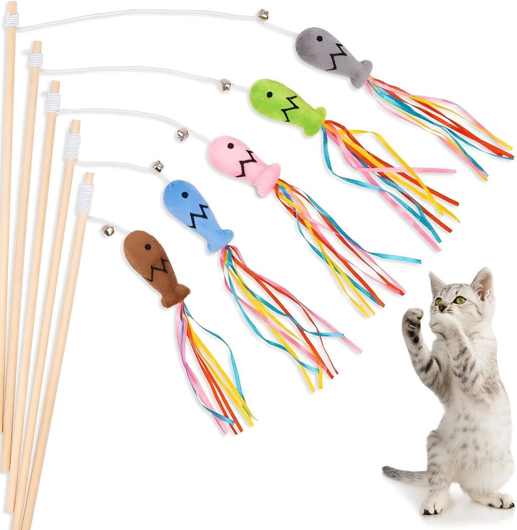 Cat wand toy with wooden handle, colourful ribbons, catnip fish and bell for interactive play
