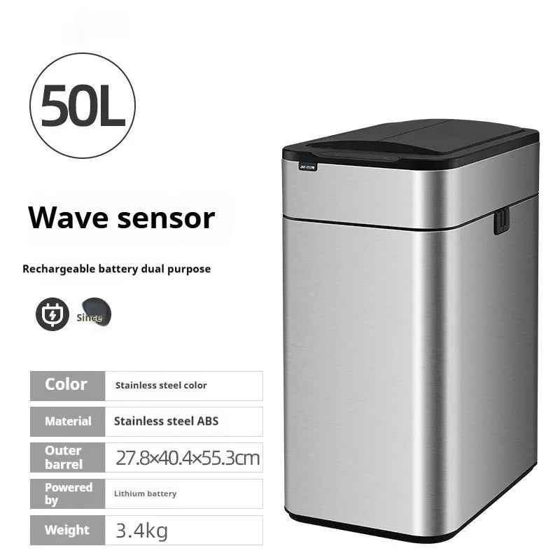 Square stainless steel inductive smart trash can with sensor lid.