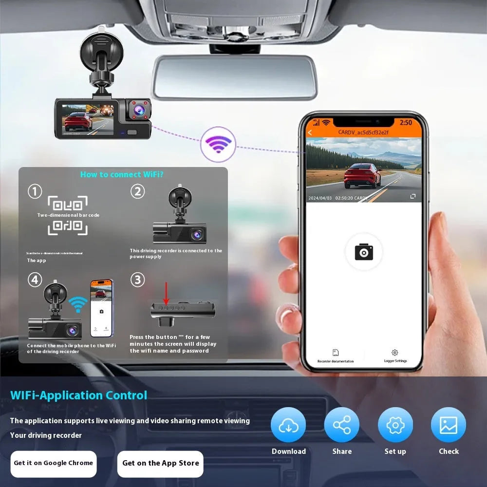 Front and rear WiFi car dash cam on windscreen with 2.0-inch screen showing reversing camera image.