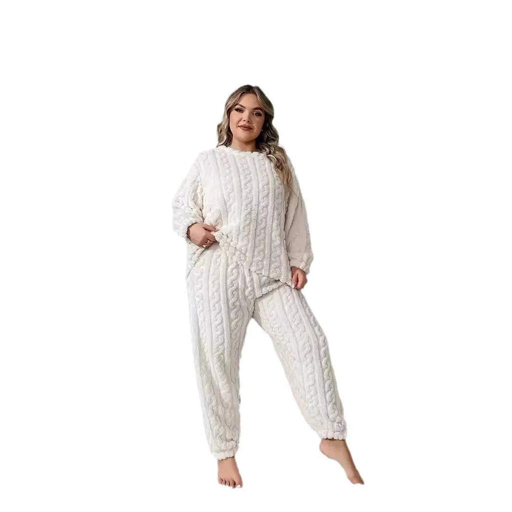 Women's creamy white polyester two-piece suit set with plush crew neck top and trousers