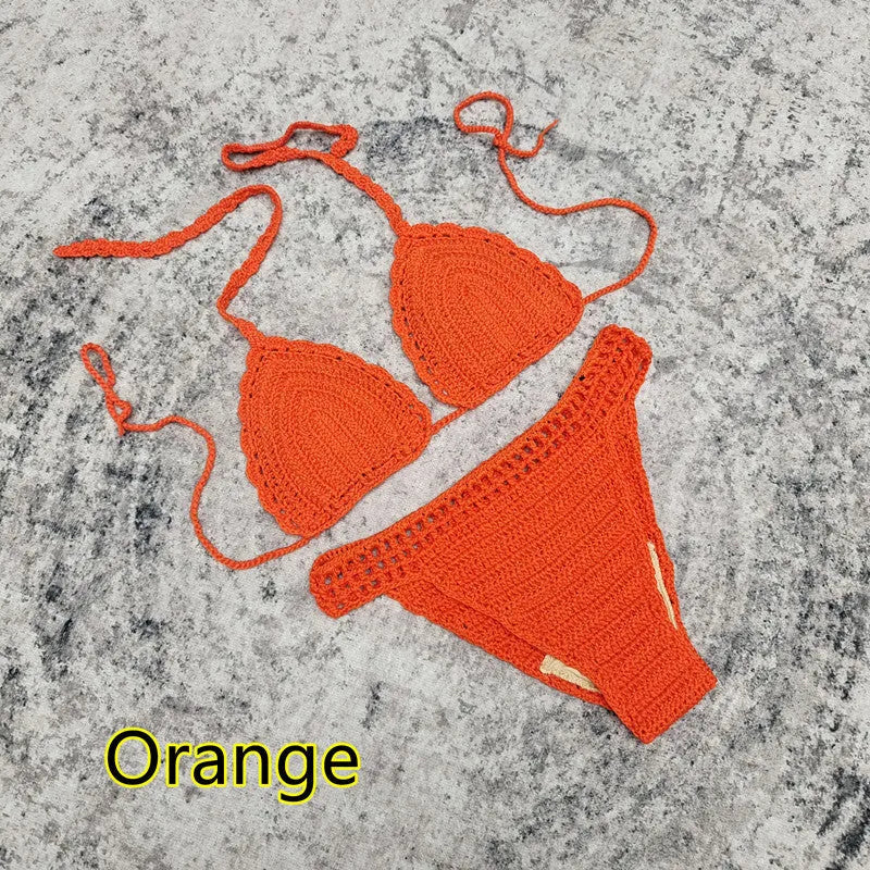Handmade crochet bikini swimsuit set with matching beach skirt in acrylic fabric