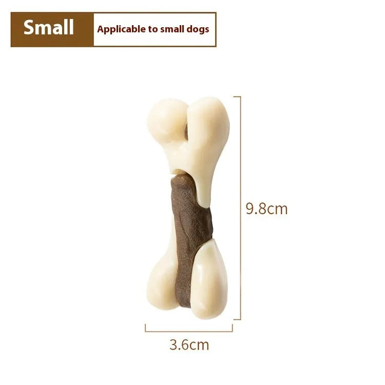 Cowhide and nylon bone-shaped dog chew toy grinding rod in foodie bones colour.