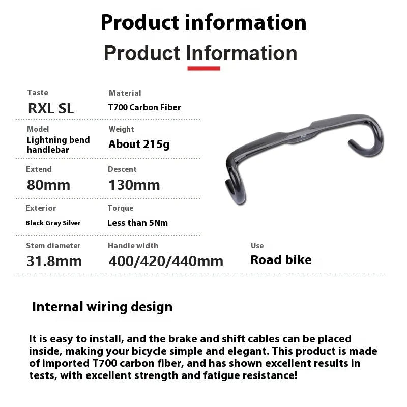 Ultra-light carbon fibre road bicycle drop handlebar in black grey silver, shown in 400mm 420mm and 440mm sizes.