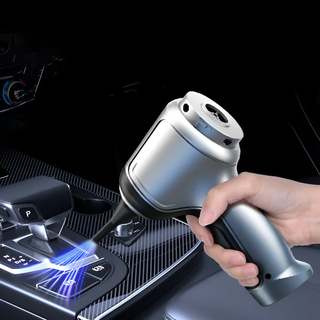 Handheld and vertical vacuum cleaner with brushless motor mounted in car with charging cable and accessories bag