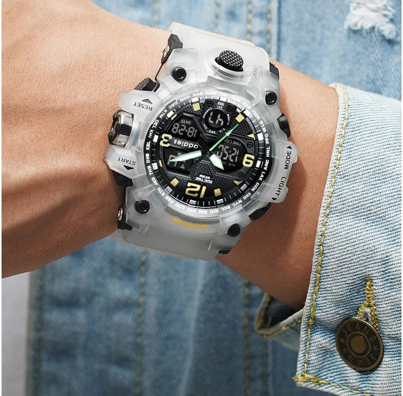 Men's electronic sports watch with dual analogue and digital display, plastic case and strap, water resistant to 50 metres