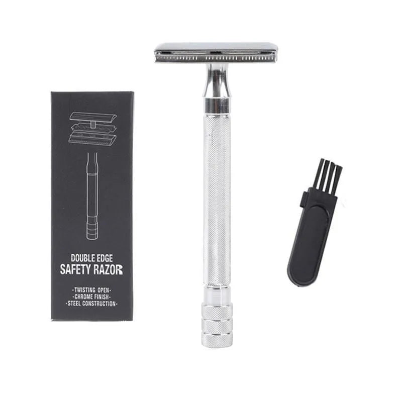 Traditional manual safety razor and shaving brush combination set in black or silver finish