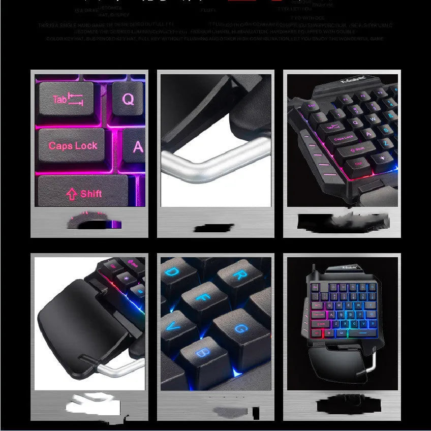 Black left-handed one-handed gaming keyboard with palm rest and shortcut keys on a desktop.